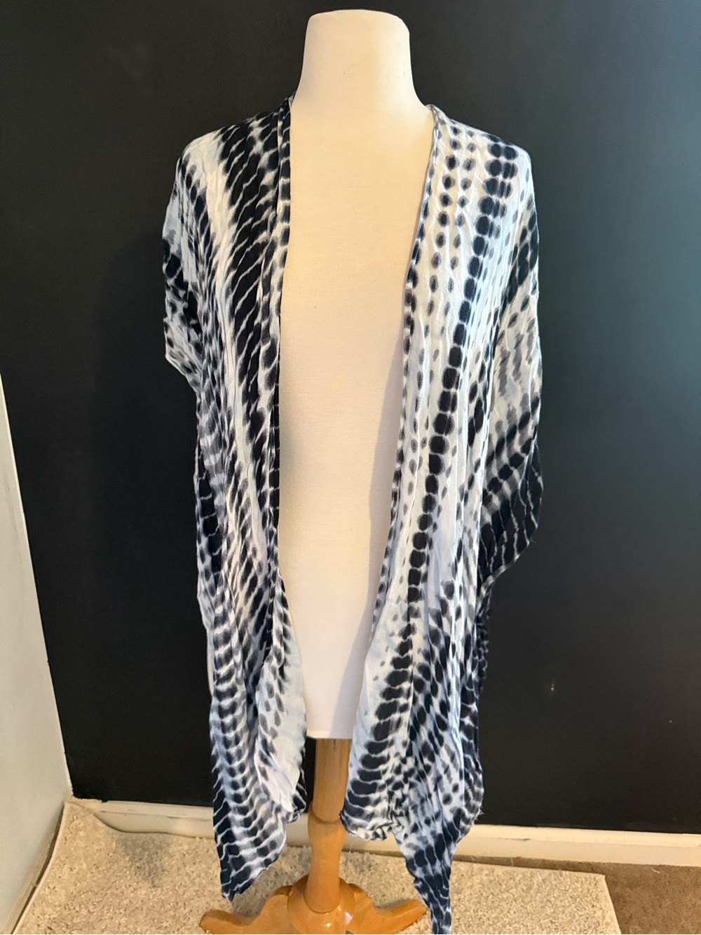 Tie-Dye Black and White Draped Shaw Kimono Coverup